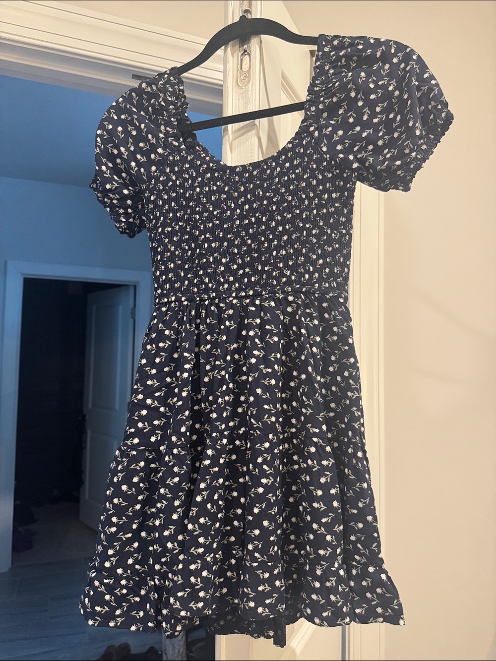 Hollister Navy Floral Smocked Puff-Sleeve Mini Dress